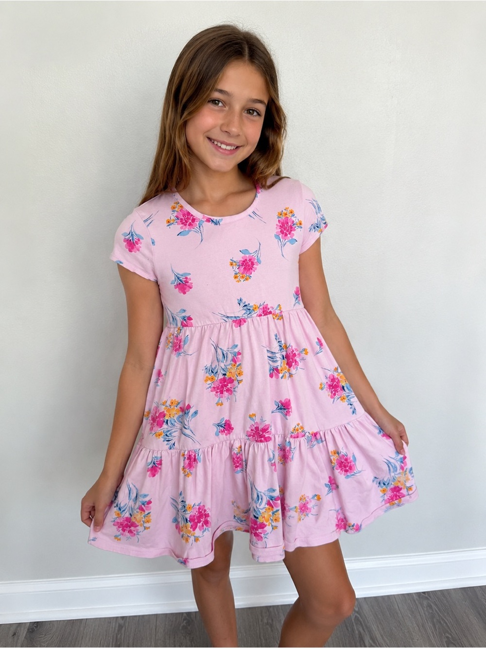 Girls' Pink Floral Tiered Casual Dress